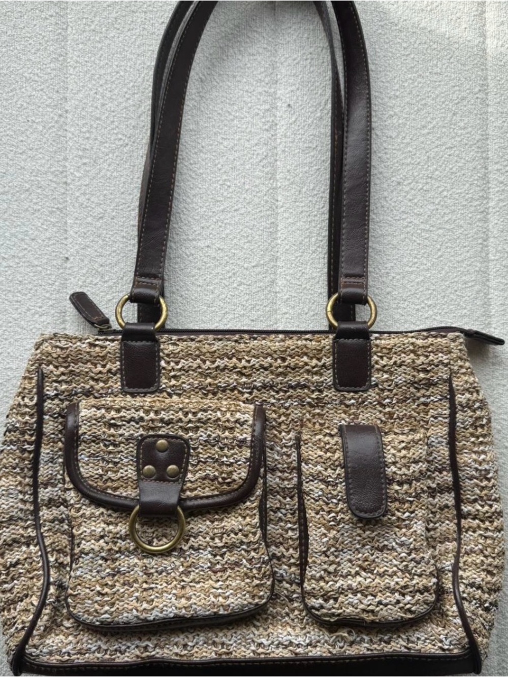 Woven Straw Tote Bag with Dark Brown Trim